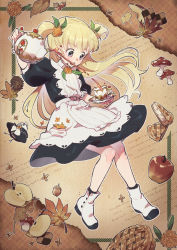 Rule 34 | 1girl, apple, apron, blonde hair, blue dress, blue eyes, blunt bangs, blush, bow, cookie, cup, dress, emilico (shadows house), flower, food, fruit, full body, hair bow, holding, holding cup, leaf, long hair, mushroom, nikomi (nikomix), nut (food), open mouth, pie, puffy short sleeves, puffy sleeves, shadows house, short sleeves, solo, spilling, tea, teacup, teapot, two side up, white apron