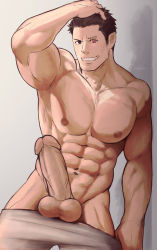 Rule 34 | 00s, 1boy, abs, artist name, bara, clothes pull, free (soul eater), heterochromia, highres, hydaria, male focus, muscular, nude, pants, pants pull, pectorals, penis, solo, soul eater, testicles