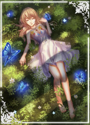 Rule 34 | 1girl, bare shoulders, barefoot, brown hair, bug, butterfly, dress, closed eyes, flower, highres, bug, jewelry, liu (sixquest), long hair, lying, necklace, on back, original, pendant, smile, solo