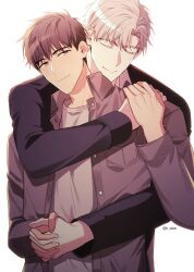 Rule 34 | 2boys, absurdres, brown hair, closed eyes, highres, holding hands, hug, hug from behind, ilay riegrow, jeong taeui, long sleeves, male focus, multiple boys, o ssion, open clothes, passion (manhwa), shirt, simple background, smile, white background, white hair, white shirt, yaoi