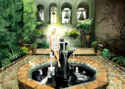 Rule 34 | 1girl, angel, barefoot, bell, bench, bird, bird on hand, blonde hair, breasts, brick, chemise, fountain, garden, glowing, indoors, light, lips, mugon, nature, original, plant, pool, potted plant, reflection, ripples, scenery, see-through, sitting, solo, tree, water, wet, wet clothes
