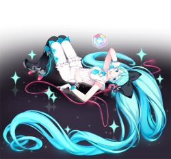 Rule 34 | 1girl, :d, aqua eyes, aqua hair, aqua necktie, arm behind head, bad id, bad twitter id, black bow, blush, boots, bow, cable, crossed legs, frilled shorts, frills, full body, gloves, gotmil, gradient background, hair bow, harlequin (pattern), hatsune miku, headphones, high heels, long hair, lying, necktie, on back, open mouth, shirt, short necktie, shorts, sleeveless, sleeveless shirt, smile, solo, sparkle, very long hair, vocaloid, white gloves, white shirt