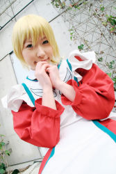 Rule 34 | 1girl, 2007, apron, asian, blonde hair, blue eyes, chippi, color contacts, cosplay, dutch angle, erstin ho, erstin ho (cosplay), highres, looking at viewer, maid, maid apron, my-otome, outdoors, photo (medium), school uniform, short hair, solo, watermark, web address