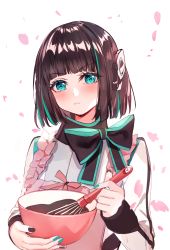 Rule 34 | 1girl, apron, baocaizi, black bow, black hair, black nails, blue eyes, blunt bangs, blush, bow, bowl, chocolate, chocolate making, closed mouth, commentary request, frilled apron, frills, green hair, green nails, headgear, highres, holding, holding bowl, humagear headphones, izu (kamen rider 01), jacket, kamen rider, kamen rider 01 (series), long sleeves, multicolored hair, multicolored nails, nail polish, petals, pink apron, short hair, simple background, sleeves past wrists, solo, streaked hair, upper body, v-shaped eyebrows, whisk, white background, white jacket