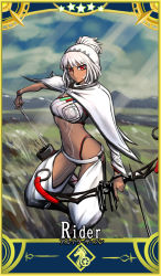 Rule 34 | 152 in can, 1girl, altera (fate), arrow (projectile), bow (weapon), cape, card (medium), card parody, dark-skinned female, dark skin, detached sleeves, fate/grand order, fate (series), full-body tattoo, holding, holding arrow, holding bow (weapon), holding weapon, looking at viewer, quiver, red eyes, servant card (fate/grand order), short hair, single sleeve, star (symbol), tattoo, veil, weapon, white hair