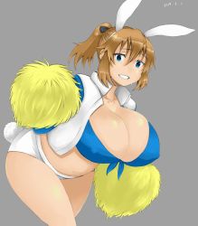 Rule 34 | 1girl, 2014, animal ears, bad id, bad pixiv id, blue eyes, breasts, brown hair, charlotte e. yeager, cheerleader, cleavage, clothes lift, curvy, dated, grey background, grin, huge breasts, looking at viewer, plump, pom pom (cheerleading), rabbit ears, rabbit girl, rabbit tail, short hair, simple background, smile, solo, soranona (soranosuke), strike witches, sweat, sweater, sweater lift, tail, thighs, wide hips, world witches series