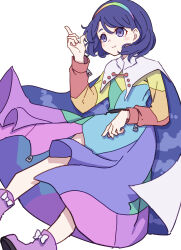 Rule 34 | 1girl, absurdres, blue eyes, blue hair, blush stickers, boots, cloak, closed mouth, commentary, dress, hairband, highres, index fingers raised, kame (kamepan44231), long sleeves, multicolored clothes, multicolored dress, multicolored hairband, one-hour drawing challenge, pink footwear, rainbow gradient, short hair, simple background, sky print, smile, solo, tenkyuu chimata, touhou, white background, white cloak