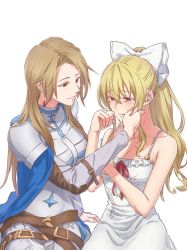 Rule 34 | 2girls, armor, armored dress, bare shoulders, belt, blonde hair, blush, breasts, brown hair, cleavage, commentary request, crying, dress, granblue fantasy, hair ribbon, hand on own face, katalina (granblue fantasy), long hair, looking at another, medium breasts, miso-ha (ukyuu), multiple girls, ponytail, red eyes, ribbon, smile, sweat, tears, vira (granblue fantasy), white background, white dress, yuri