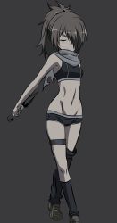 Rule 34 | 10s, 1girl, absurdres, brown hair, grey background, highres, kazama levy, kunai, ponytail, scarf, short shorts, shorts, solo, sports bra, thigh strap, trinity seven, vector trace, vectors, weapon
