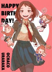 Rule 34 | 1girl, black pantyhose, blouse, blush, boku no hero academia, boots, breasts, brown eyes, brown hair, character name, happy birthday, heart, highres, jacket, large breasts, looking at viewer, megaphone, necktie, open clothes, open jacket, open mouth, pantyhose, pink background, pleated skirt, red tie, school uniform, shirt, simple background, skirt, smile, solo, spoken heart, uraraka ochako, white shirt, yachic00