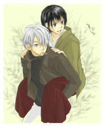 Rule 34 | 1boy, 1girl, black eyes, black hair, blue eyes, carrying, cigarette, couple, cowboy shot, ginko, green eyes, hair over one eye, jacket, long sleeves, looking to the side, lowres, mouth hold, mushishi, open clothes, open jacket, piggyback, short hair, tanyuu, tanyuu (mushishi), tanyuu karibusa, white hair