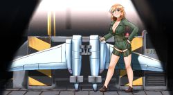 Rule 34 | 1girl, blue eyes, blush, breasts, brown footwear, brown hair, charlotte e. yeager, cleavage, collarbone, green jacket, hand on own hip, highres, hiroshi (hunter-of-kct), jacket, large breasts, looking at viewer, medium hair, military jacket, no bra, parted lips, shiny skin, smile, solo, strike witches, striker unit, teeth, world witches series