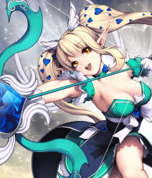 Rule 34 | 1girl, :d, blonde hair, bow (weapon), breasts, card (medium), chaos online, darae, heart, long hair, love cacao, official art, open mouth, pointy ears, smile, solo, twintails, very long hair, weapon, yellow eyes
