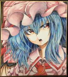 Rule 34 | 1girl, 283win, absurdres, acrylic paint (medium), bat wings, blue hair, commentary request, hair between eyes, hat, hat ribbon, highres, looking at viewer, medium hair, mob cap, open mouth, painting (medium), photo (medium), pink hat, red eyes, red ribbon, remilia scarlet, ribbon, shikishi, solo, teeth, touhou, traditional media, upper body, upper teeth only, window, wings