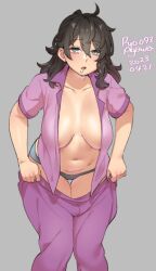 Rule 34 | 1girl, agawa ryou, ahoge, breasts, brown hair, commentary, dated, drooling, english commentary, grey eyes, large breasts, looking at viewer, medium hair, messy hair, navel, no bra, original, pajamas, panties, pants, partially undressed, saliva, short sleeves, signature, simple background, sleepy, solo, unbuttoned, unbuttoned shirt, underwear