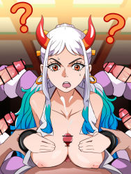 Rule 34 | 1girl, 5boys, ?, bar censor, blue hair, breasts, brown eyes, censored, clothed female nude male, clothed sex, collarbone, cum, ear piercing, ejaculation, eyelashes, gradient hair, hands on breasts, highres, hiropon (hjxp2347), horns, large breasts, long hair, multicolored hair, multicolored horns, multiple boys, nipples, nude, one piece, oni horns, open mouth, orange horns, paizuri, penis, piercing, ponytail, red horns, surprised, sweatdrop, teeth, upper teeth only, veins, veiny penis, white hair, yamato (one piece)