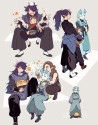 Rule 34 | 4boys, aqua eyes, aqua hair, aqua horns, black pants, brown hair, closed eyes, fengxi (the legend of luoxiaohei), hair over one eye, hand up, highres, horns, index finger raised, long sleeves, luozhu (the legend of luoxiaohei), multiple boys, multiple views, pants, pointy ears, ponytail, profile, purple hair, red eyes, shoes, luo xiaohei zhanji, tianhu (the legend of luoxiaohei), vox, xuhuai (the legend of luoxiaohei)