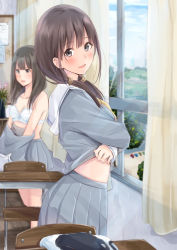 Rule 34 | 1girl, 2girls, 2nd, atelier2nd, bad id, bad pixiv id, blouse, blunt bangs, bra, brown hair, buruma, unworn buruma, chair, changing clothes, classroom, curtains, day, desk, from side, grey eyes, grey shirt, gym uniform, indoors, lifted by self, long hair, looking at viewer, low twintails, multiple girls, original, parted lips, pleated skirt, school, school uniform, serafuku, shirt, skirt, smile, solo focus, twintails, underwear, undressing, white bra, window