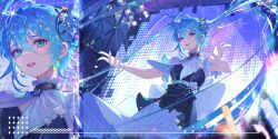 Rule 34 | 1girl, absurdres, back bow, bare arms, black shirt, blue eyes, blue hair, blue nails, bow, commentary, earrings, floating hair, hair between eyes, hatsune miku, highres, idol, jewelry, jie xiaoming, lens flare, long hair, long skirt, miku symphony (vocaloid), nail polish, open mouth, pleated skirt, shirt, short sleeves, skirt, solo, sparkle, stage, very long hair, vocaloid, white bow, white skirt