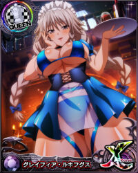 Rule 34 | 1girl, blue bow, blush, bottle, bow, braid, breasts, card (medium), chess piece, cleavage, cup, drinking glass, female focus, grayfia lucifuge, grey eyes, grey hair, hair bow, hand on own face, high school dxd, holding, holding tray, large breasts, long hair, maid headdress, matching hair/eyes, official art, parted lips, queen (chess), red lips, shiny skin, sideboob, smile, solo, standing, thick thighs, thigh strap, thighs, tray, twin braids, underboob, wine glass