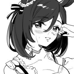 Rule 34 | 1girl, animal ears, bow, breasts, cleavage, collarbone, eishin flash (umamusume), eyelashes, frilled cardigan, greyscale, hair between eyes, hair bow, hand in own hair, horse ears, hot, large breasts, light blush, lips, long sleeves, looking at viewer, monochrome, neck ribbon, no+bi=, open mouth, ribbon, shirt, simple background, single stripe, sleeve garter, smile, solo, striped bow, sweat, teeth, umamusume, upper body, white background