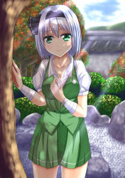 Rule 34 | 1girl, bandages, blue sky, breasts, cleavage, cloud, dappled sunlight, day, garden, green eyes, hair ribbon, highres, konpaku youmu, large breasts, light smile, miniskirt, pond, puffy short sleeves, puffy sleeves, revision, ribbon, rock, shirt, short sleeves, silver hair, skirt, skirt set, sky, solo, sunlight, sweat, touhou, tree, vest, wall, wendell