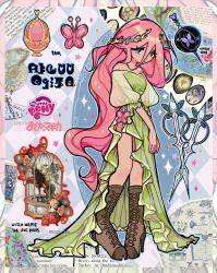 Rule 34 | 1girl, blue eyes, boots, bug, butterfly, crossover, dress, english text, fluttershy, frills, gochii tears, green dress, grief seed, highres, insect, knee boots, logo, long hair, looking at viewer, mahou shoujo madoka magica, my little pony, my little pony: friendship is magic, pink hair, shy, solo, soul gem, sparkle, star (symbol), wavy hair, weapon