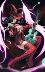 Rule 34 | 1girl, bare shoulders, black gloves, black hair, boots, breasts, brown eyes, cleavage, dress, fingerless gloves, full body, gloves, guilty gear, guilty gear xx, guitar, hat, i-no, instrument, large breasts, looking at viewer, looking to the side, o-ring, o-ring top, parted lips, phamoz, pointing, pointing at viewer, red footwear, red hat, revealing clothes, short dress, short hair, smile, solo, thigh boots, thighhighs, witch hat