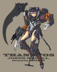 Rule 34 | 1girl, bad id, bad pixiv id, cyborg, extra arms, gloves, grin, gun, hair ribbon, highres, mecha musume, multi arm, multi limb, original, prosthesis, purple hair, red eyes, ribbon, scythe, short hair, sigama, smile, solo, twintails, weapon