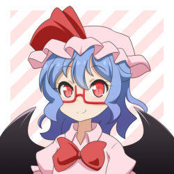 Rule 34 | 1girl, bat wings, bespectacled, blue hair, bow, cato (monocatienus), commentary request, diagonal stripes, glasses, hair between eyes, hat, medium hair, mob cap, ponytail, puffy short sleeves, puffy sleeves, red-framed eyewear, red bow, red eyes, remilia scarlet, semi-rimless eyewear, short sleeves, simple background, slit pupils, smile, solo, striped, striped background, touhou, under-rim eyewear, wavy hair, wings