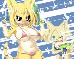 Rule 34 | 2girls, :3, animal ear fluff, animal ears, bikini, black sclera, blonde hair, blue background, blue eyes, blue one-piece swimsuit, breasts, cat ears, cat girl, cat tail, colored sclera, colored skin, commentary request, cowboy shot, dog ears, dog girl, dog tail, dual wielding, furry, furry female, holding, holding water gun, large breasts, lets0020, looking at viewer, looking to the side, medium bangs, medium hair, multiple girls, one-piece swimsuit, one eye closed, open mouth, original, pink bikini, short hair, smile, swimsuit, tail, two side up, water, water gun, white eyes, yellow skin