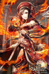 Rule 34 | 1girl, armor, armored boots, black hair, black pants, boots, breasts, cleavage, copyright name, detached sleeves, floating hair, gabiran, grand sphere, hair between eyes, hat, holding, holding wand, long hair, looking at viewer, magic, medium breasts, night, outdoors, pants, parted lips, ponytail, red eyes, red hat, sideboob, smile, solo, standing, very long hair, wand