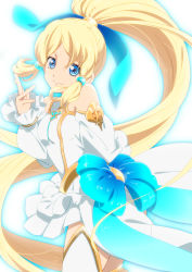 Rule 34 | 1girl, blonde hair, blue eyes, closed mouth, detached sleeves, dress, floating hair, from side, hair ornament, layered dress, long hair, long sleeves, looking at viewer, parted bangs, pochi-a, ponytail, rose (tales), short dress, sleeveless, sleeveless dress, smile, solo, spoilers, standing, tales of (series), tales of zestiria, thighhighs, very long hair, white dress, white sleeves, white thighhighs