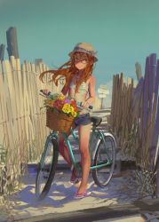 Rule 34 | 1girl, alphonse (white datura), basket, bicycle, bikini, bikini top only, blue eyes, brown hair, day, fence, flat chest, flip-flops, flower, flower basket, glasses, hat, highres, looking at viewer, original, outdoors, realistic, sandals, short shorts, shorts, sky, smile, solo, striped bikini, striped bikini top, striped clothes, swimsuit