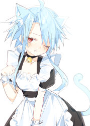 Rule 34 | absurdres, ahoge, alternate costume, angry, animal ears, apron, blanc (neptunia), blue hair, breasts, buran buta, cat ears, clenched hand, clenched teeth, collar, cuffs, dress, hair between eyes, highres, long hair, maid, neck bell, neptune (series), power symbol-shaped pupils, red eyes, simple background, skirt, small breasts, solo, symbol-shaped pupils, tears, teeth, uniform, white background, white heart (neptunia)