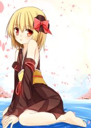 Rule 34 | 1girl, alternate costume, bare shoulders, barefoot, blonde hair, detached sleeves, hair ribbon, japanese clothes, kimono, long hair, looking at viewer, obi, petals, red eyes, ribbon, rumia, sash, sitting, solo, touhou, v arms, wariza, wide sleeves, yuuhagi (amaretto-no-natsu)