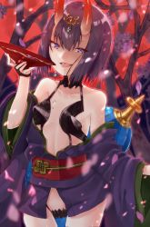 Rule 34 | 1girl, alcohol, bare shoulders, blush, bob cut, breasts, bridal gauntlets, cherry blossoms, collarbone, cup, eyeliner, fangs, fate/grand order, fate (series), gourd, headpiece, highres, horns, japanese clothes, kimono, long sleeves, looking at viewer, makeup, obi, off shoulder, oni, open mouth, petals, purple eyes, purple hair, purple kimono, red background, revealing clothes, sakazuki, sake, sash, short eyebrows, short hair, short kimono, shuten douji (fate), skin-covered horns, small breasts, smile, solo, thighs, tongue, tongue out, tree, u yuz xx, wide sleeves