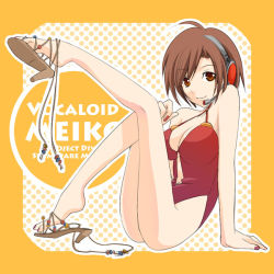 Rule 34 | 1girl, ankle lace-up, breasts, brown eyes, brown hair, cleavage, cross-laced footwear, headphones, headset, high heels, lace-up heels, legs, legs up, meiko (vocaloid), nail polish, one-piece swimsuit, open shoes, project diva, project diva (series), red nails, shoe dangle, shoes, short hair, smile, solo, swimsuit, tomo-graphy, vocaloid