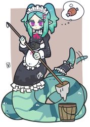Rule 34 | 1girl, absurdres, apron, back bow, boned meat, bow, brown background, bucket, colored tips, corset, dress, food, frilled apron, frilled dress, frills, full body, gradient hair, green hair, green scales, highres, holding, holding mop, hz ebfry, lamia, long sleeves, maid, maid apron, maid headdress, meat, monster girl, mop, multicolored hair, neck ribbon, original, pointy ears, purple eyes, ribbon, scales, sidelocks, signature, sleeve cuffs, slit pupils, solo, tail, tail garter, tail ornament, tail wagging, thinking, thought bubble, two side up
