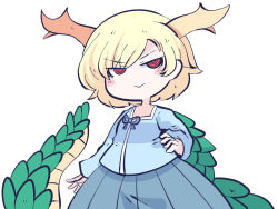 Rule 34 | 1girl, @ @, antlers, blonde hair, blue shirt, blue skirt, blush stickers, chahan (fried rice0614), closed mouth, dragon horns, dragon tail, hand on own hip, horns, kicchou yachie, one-hour drawing challenge, pleated skirt, red eyes, shirt, short hair, short sleeves, skirt, smile, solo, tail, touhou, turtle shell, upper body, yellow horns