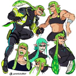 Rule 34 | 1girl, blunt bangs, bodysuit, combat knife, green hair, highres, holding, holding knife, holding weapon, inkling, inkling girl, inkling player character, knife, long hair, mask, muscular, muscular female, nintendo, open mouth, pink eyes, pointy ears, simple background, solo, squidbeak splatoon, starnivorous, tentacle hair, weapon, white background