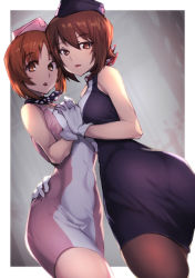 Rule 34 | 10s, 2girls, ass, bandana, bare arms, black bandana, black legwear, breasts, brown eyes, brown hair, commentary request, dress, from behind, garrison cap, girls und panzer, hand on another&#039;s hip, hat, highres, interlocked fingers, leaning forward, looking at viewer, looking back, medium breasts, multiple girls, nishizumi maho, nishizumi miho, open mouth, outside border, pantyhose, pink hat, red bandana, red neckwear, short hair, siblings, sisters, sleeveless, sleeveless dress, standing, yamaori (yamaorimon)