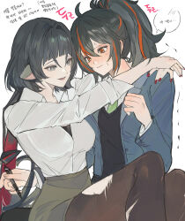 2girls alternate_costume black_hair black_pantyhose black_sweater_vest blue_jacket blush breasts chibiya1010 face-to-face green_eyes green_necktie green_skirt highres holding holding_pen hug jacket jane_doe_(zenless_zone_zero) korean_text large_breasts long_hair multicolored_hair multiple_girls neck_blush necktie open_mouth pantyhose pen ponytail red_hair shirt skirt speech_bubble streaked_hair sweater_vest torn_clothes torn_pantyhose trembling white_shirt yuri zenless_zone_zero zhu_yuan