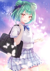 Rule 34 | 1girl, alternate costume, animal print, bag, blush, bob cut, bow, bowtie, bug, butterfly, butterfly print, cowboy shot, double bun, eyelashes, fant, glowing, glowing butterfly, green eyes, hair bow, hair bun, highres, hololive, insect, looking at viewer, plaid, purple background, school bag, school uniform, shirt, short hair with long locks, smile, solo, uruha rushia, virtual youtuber, white shirt, yuano