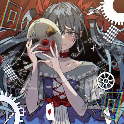 Rule 34 | 1girl, argyle, blue dress, bow, capelet, card, choker, clown mask, collarbone, crying, crying with eyes open, dress, dress bow, dress ribbon, frown, gears, hair between eyes, hair ribbon, half-closed eyes, hatsune miku, highres, holding, holding mask, inu totemo, karakuri pierrot (vocaloid), layered dress, long eyelashes, long hair, mask, playing card, red bow, red choker, red curtains, red ribbon, ribbon, short sleeves, solo, tears, twintails, very long hair, vocaloid, white capelet