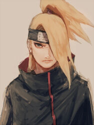Rule 34 | 1boy, blonde hair, character request, closed mouth, commentary, english commentary, forehead protector, headband, long hair, long sleeves, male focus, naruto, naruto (series), ninja, ponytail, simple background, solo, subuta (butabutasubuta), upper body