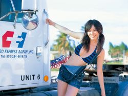 Rule 34 | 1girl, asian, bikini, bikini top only, bikini under clothes, blurry, breasts, denim, depth of field, english text, long hair, looking at viewer, medium breasts, motor vehicle, nagasawa nao, off shoulder, outdoors, overall shorts, overalls, photo (medium), smile, striped bikini, striped clothes, suspenders, swimsuit, truck, twintails