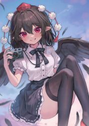 Rule 34 | 1girl, absurdres, black bow, black hair, black skirt, black thighhighs, blue bow, blue bowtie, blue sky, blush, bow, bowtie, breasts, buttons, camera, cloud, cloudy sky, collared shirt, commentary request, evening, feathered wings, feathers, fingernails, flying, frills, geta, gradient sky, hair between eyes, hand up, hat, highres, holding, holding camera, lips, looking at viewer, medium breasts, nail polish, outdoors, pointy ears, pom pom (clothes), puffy short sleeves, puffy sleeves, qiu ju, red eyes, red footwear, red hat, red nails, shameimaru aya, shirt, shoes, short hair, short sleeves, skirt, sky, smile, solo, tassel, teeth, tengu-geta, thighhighs, tokin hat, touhou, white shirt, wings, yellow sky