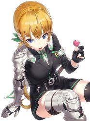 Rule 34 | 1girl, :p, armor, belt, black gloves, black jacket, black thighhighs, blonde hair, blue eyes, bow, candy, cape, commentary request, food, gauntlets, gloves, greaves, green bow, green ribbon, hair bow, holding, jacket, kfr, lollipop, long hair, neck ribbon, original, partially fingerless gloves, ponytail, ribbon, shirt, simple background, smile, solo, thighhighs, tongue, tongue out, white background, white shirt