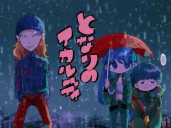Rule 34 | ..., 1girl, 2boys, afro, beanie, blue background, blue eyes, blue hair, blue headwear, blue jacket, chachan chan, closed mouth, commentary request, green jacket, green pants, hat, holding, holding umbrella, hood, hood down, hooded jacket, icardi (rain code), iruka (rain code), jacket, long hair, long sleeves, looking at viewer, looking to the side, master detective archives: rain code, multiple boys, open clothes, open jacket, open mouth, outdoors, pants, parody, rain, red pants, red umbrella, servan (rain code), short hair, side ponytail, smile, speech bubble, standing, tonari no totoro, translation request, umbrella